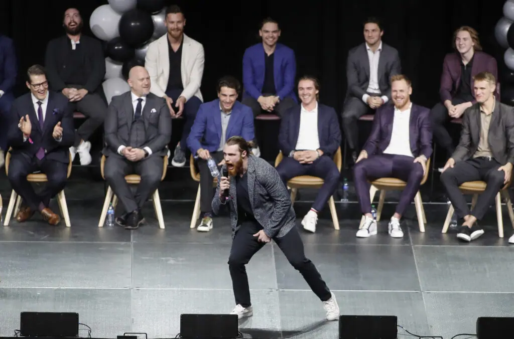 Liam O'Brien revs up the Utah Hockey Club crowd at the team's introduction at Delta Center on April 24.