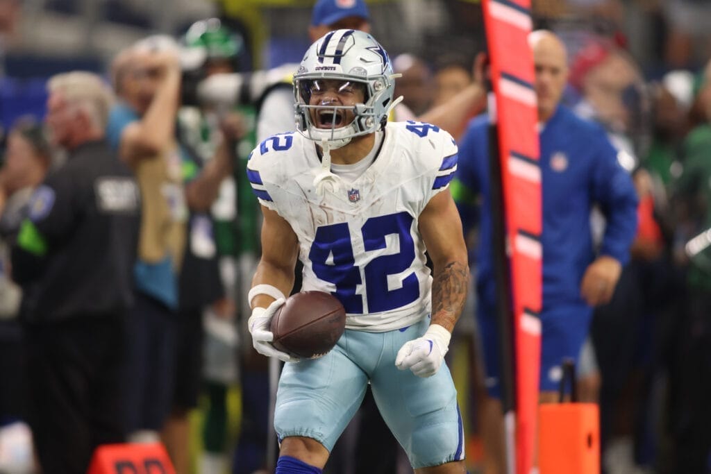 Dallas Cowboys running back Deuce Vaughn celebrates after a big run.