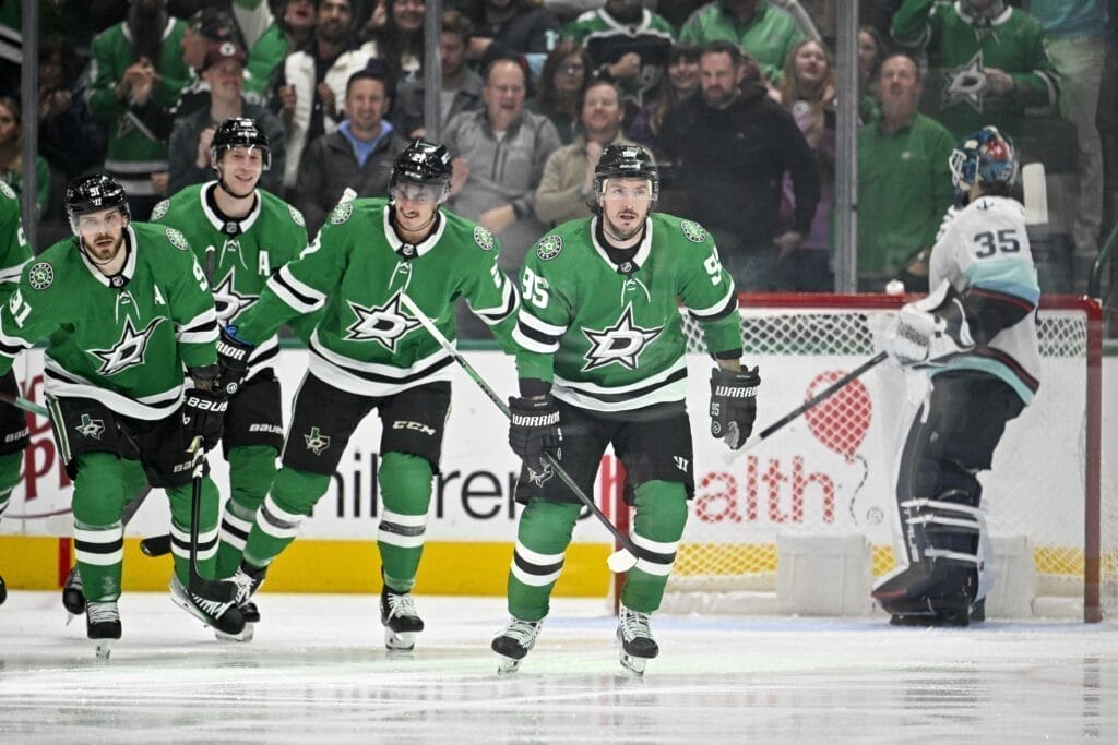 Dallas Stars forwards Matt Duchene, Mason Marchment, Tyler Seguin