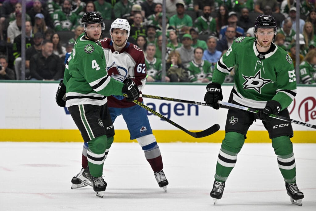 Dallas Stars defensemen Miro Heiskanen and Thomas Harley