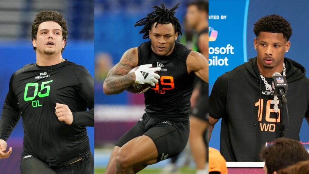 From L-R: LSU OL Will Campbell (Kirby Lee-Imagn Images), UNC RB Omarion Hampton (Kirby Lee-Imagn Images), Texas WR Matthew Golden (Amador Blondet-Imagn Images) at the 2025 NFL Combine.