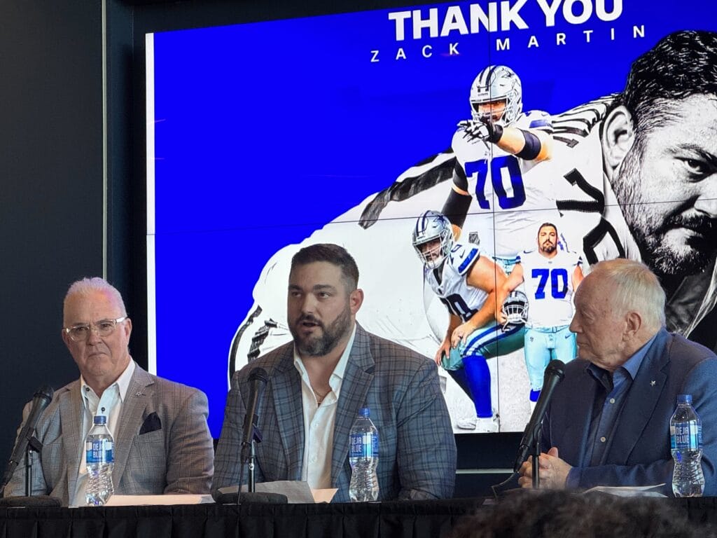 Stephen Jones (left), Zack Martin (center) and Jerry Jones (right) all sit during Martin's retirement press conference at The Star in Frisco on March 5, 2025. (Hoyt/Staff)