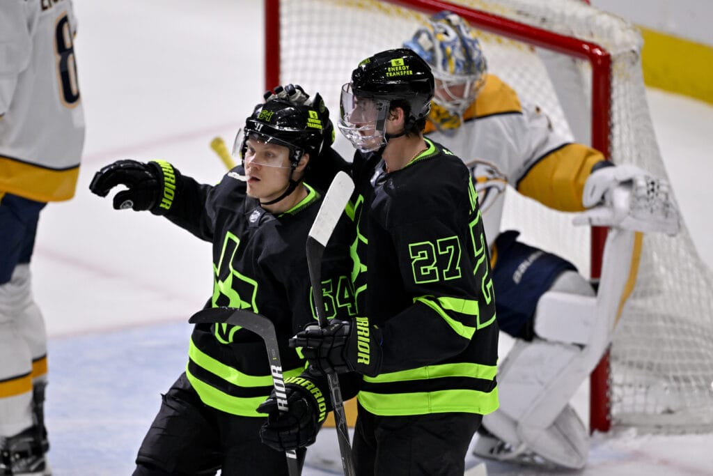 Dallas Stars forwards Mason Marchment and Mikael Granlund - Nashville Predators