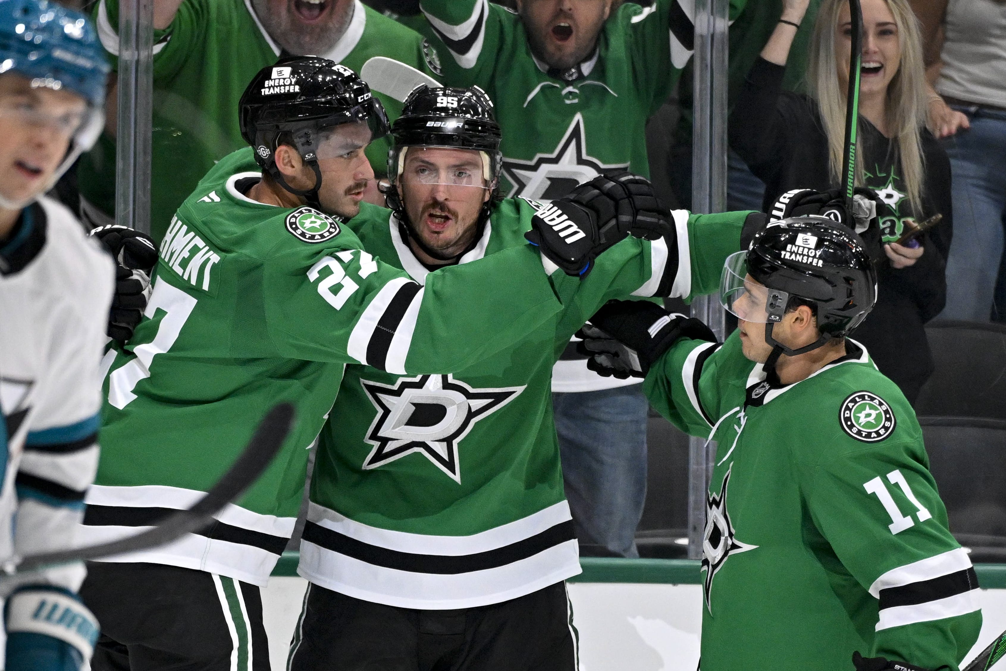Dallas Stars forwards Logan Stankoven and Mason Marchment