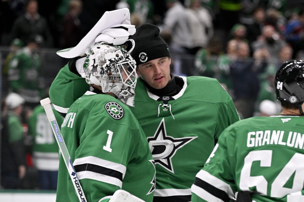 Dallas Stars goalies Jake Oettinger and Casey DeSmith
