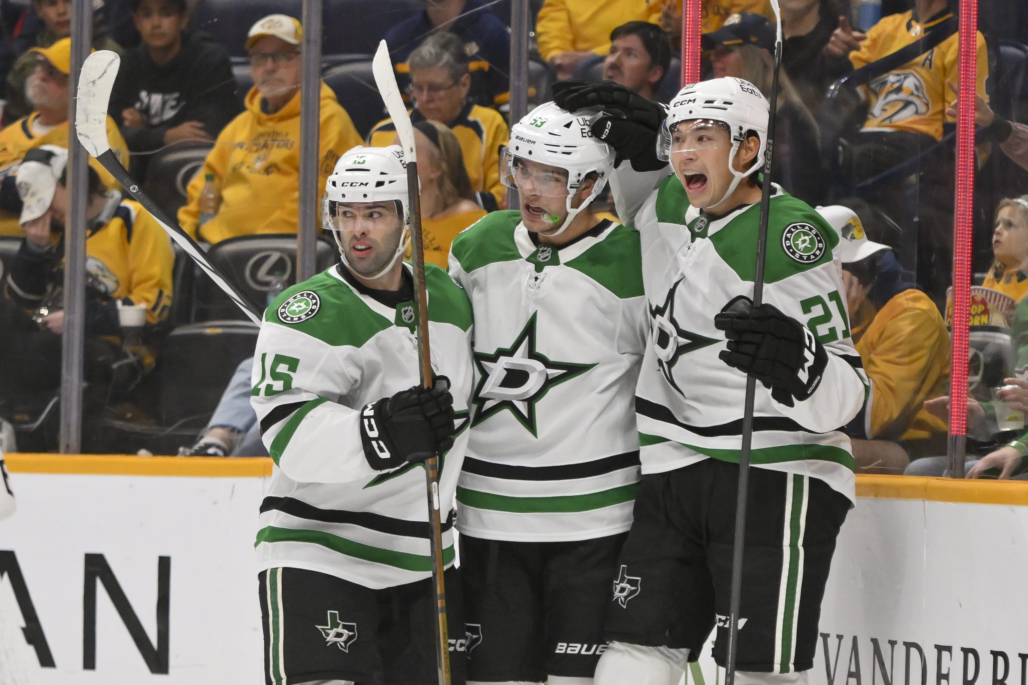 Dallas Stars forwards Jason Robertson, Wyatt Johnston, Colin Blackwell