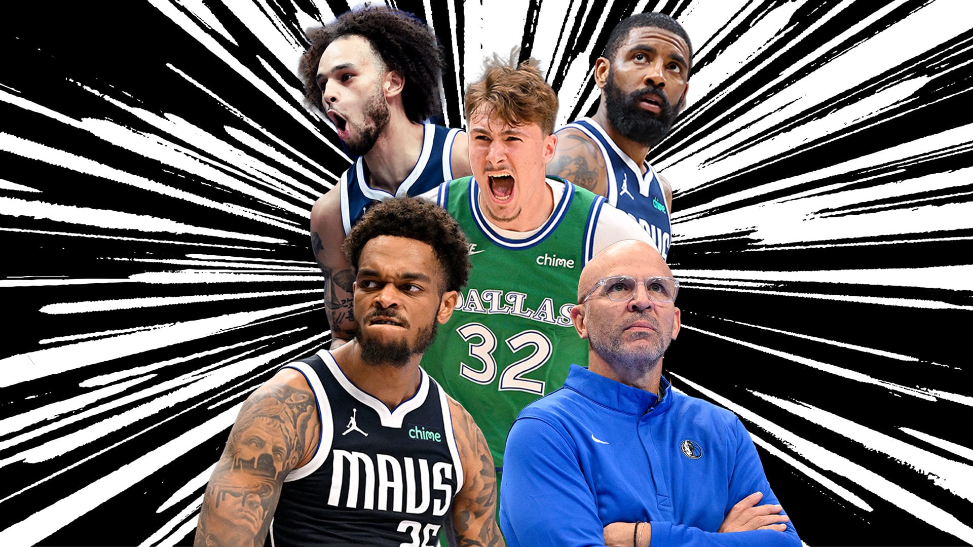 Mavericks' P.J. Washington, Cooper Flagg and Kyrie Irving.