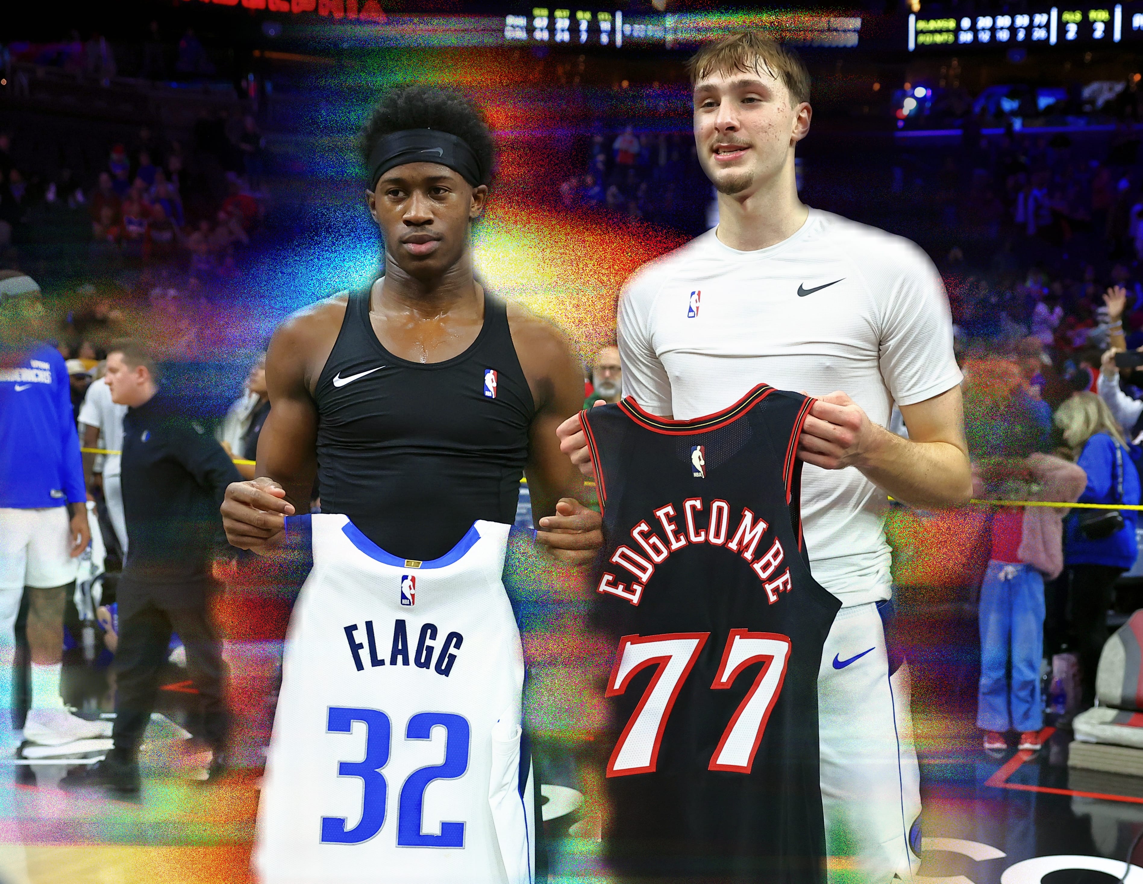 Mavs forward Cooper Flagg swap jerseys with Sixers guard Vj Edgecombe.