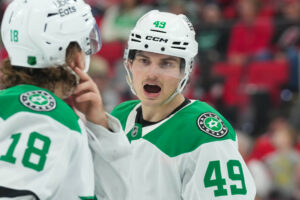 Dallas Stars forwards Justin Hryckowian and Sam Steel