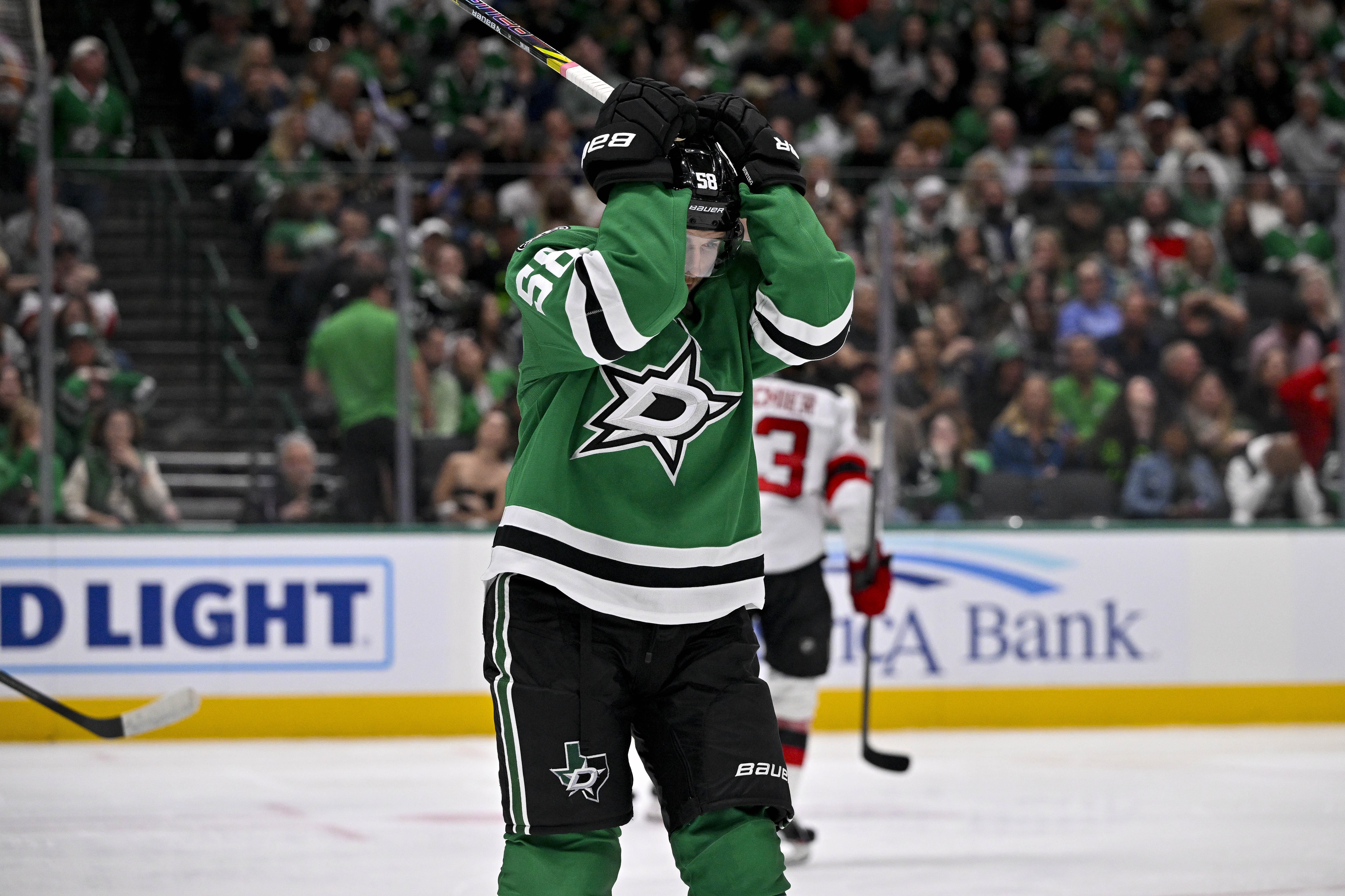 Dallas Stars defenseman Thomas Harley vs New Jersey Devils