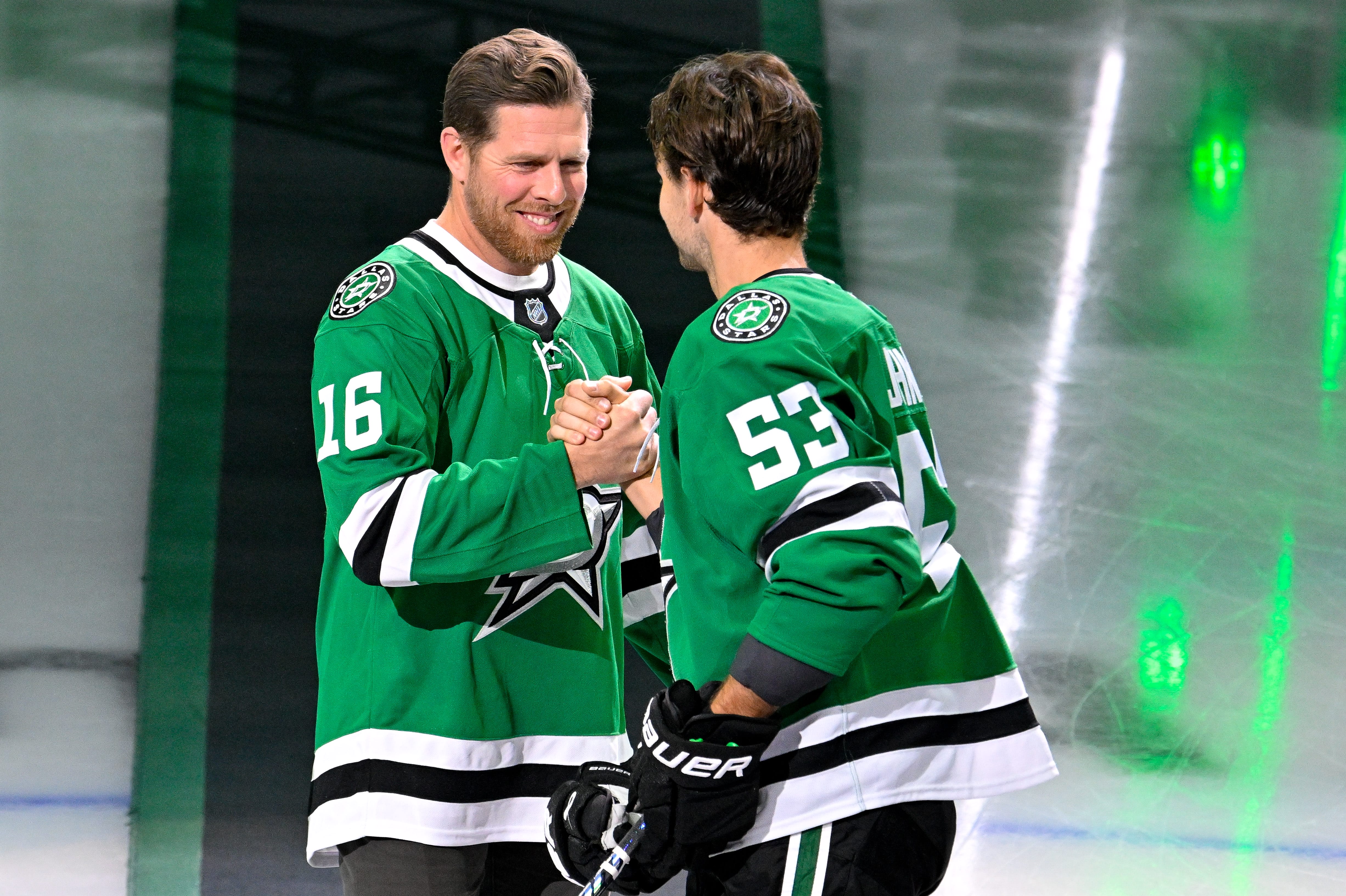 Dallas Stars forward Wyatt Johnston and former forward Joe Pavelski.