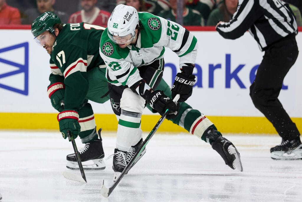 Dallas Stars forward Mavrik Bourque vs Minnesota Wild forward Marcus Foligno