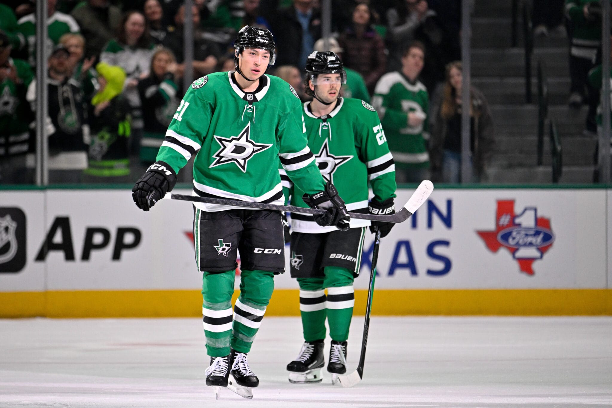 Dallas Stars forwards Jason Robertson and Mavrik Bourque