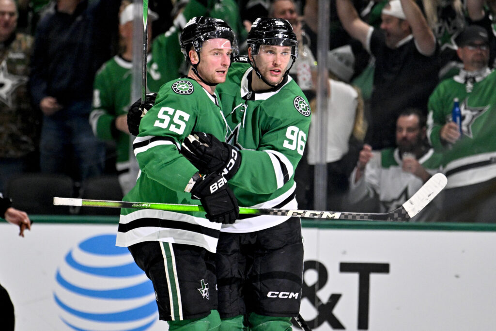Dallas Stars forward Mikko Rantanen and defenseman Thomas Harley