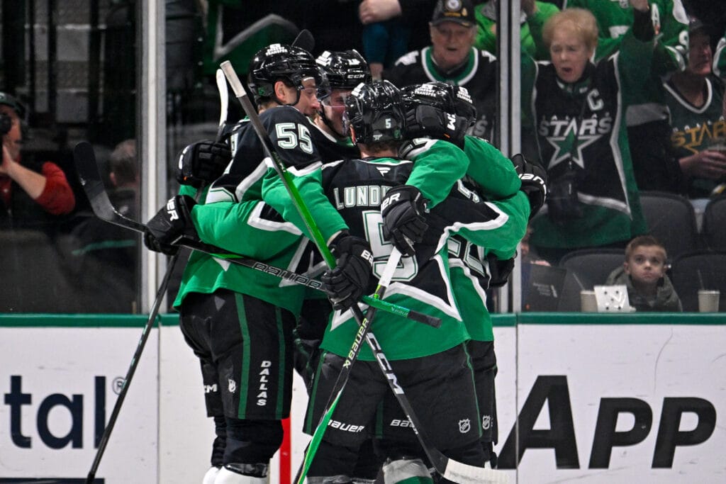 Dallas Stars defensemen Thomas Harley and Nils Lundkvist