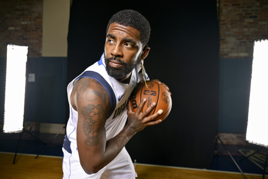 Sep 25, 2026; Dallas, TX, USA; Dallas Mavericks guard Kyrie Irving (11) poses for a photo during the Mavericks media day at American Airlines Center. Mandatory Credit: Jerome Miron-Imagn Images