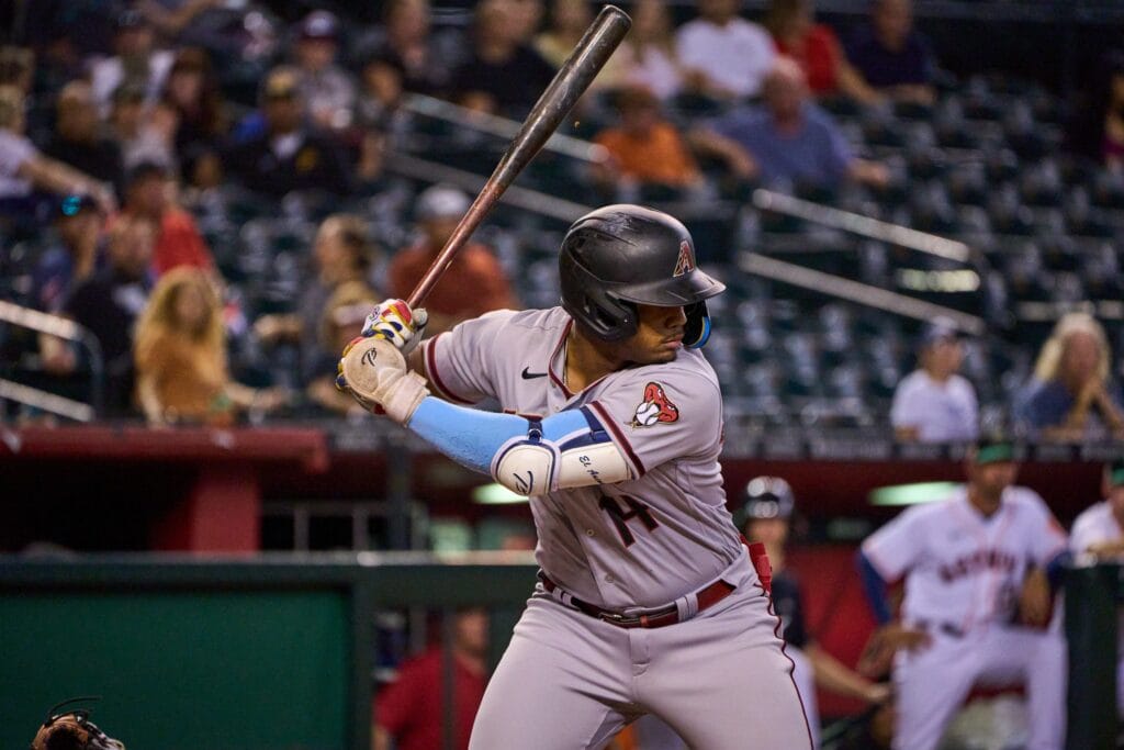 Diamondbacks infield prospect Deyvison De los Santos takes an at-bat at Chase Field during the 2022 Arizona Fall League.