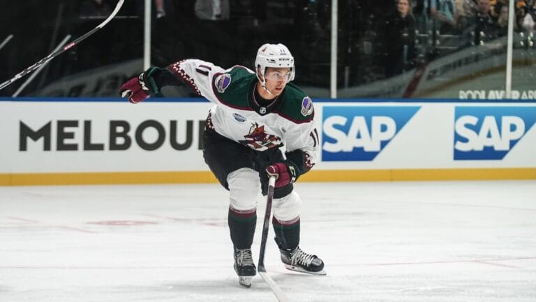 Coyotes forward Dylan Guenther skates up ice during the NHL Global Series in Melbourne, Australia.