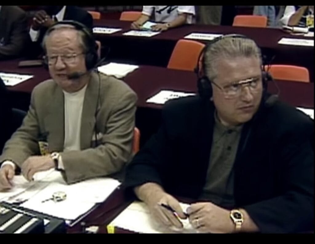 Greg Schulte sits alongside Al McCoy on a Phoenix Suns broadcast.