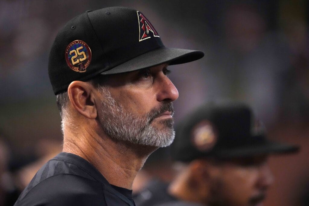 Diamondbacks manager Torey Lovullo (17) looks on against the Houston Astros during the second inning at Chase Field.