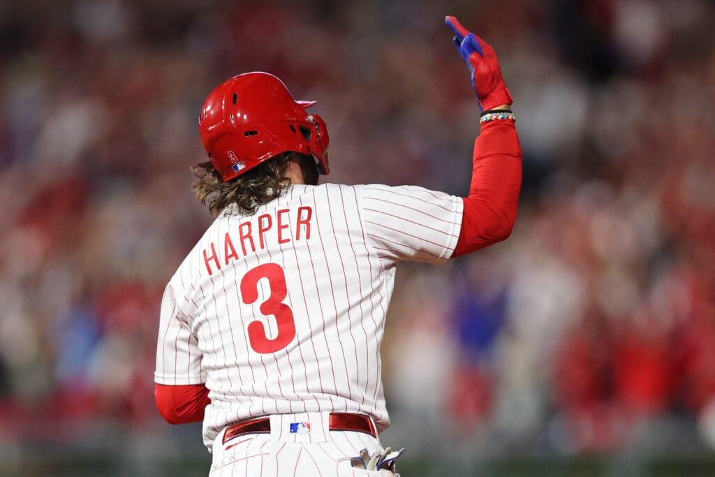 Phillies first baseman Bryce Harper hits a solo homer against the Atlanta Braves in Game 3 of the NLDS at Citizens Bank Park. Stopping Harper will be a big key to success for the Diamondbacks in the NLCS. (Bill Streicher/USA TODAY Sports)