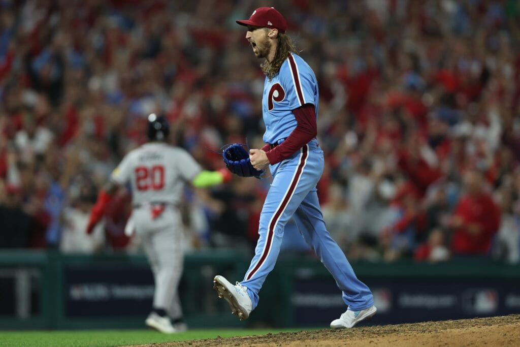 Phillies relief pitcher Matt Strahm celebrates after striking out Atlanta Braves shortstop Vaughn Grissom for the series victory in game four of the NLDS. He figures to play a big role against the Diamondbacks in the NLCS as well. (Bill Streicher/USA TODAY Sports)