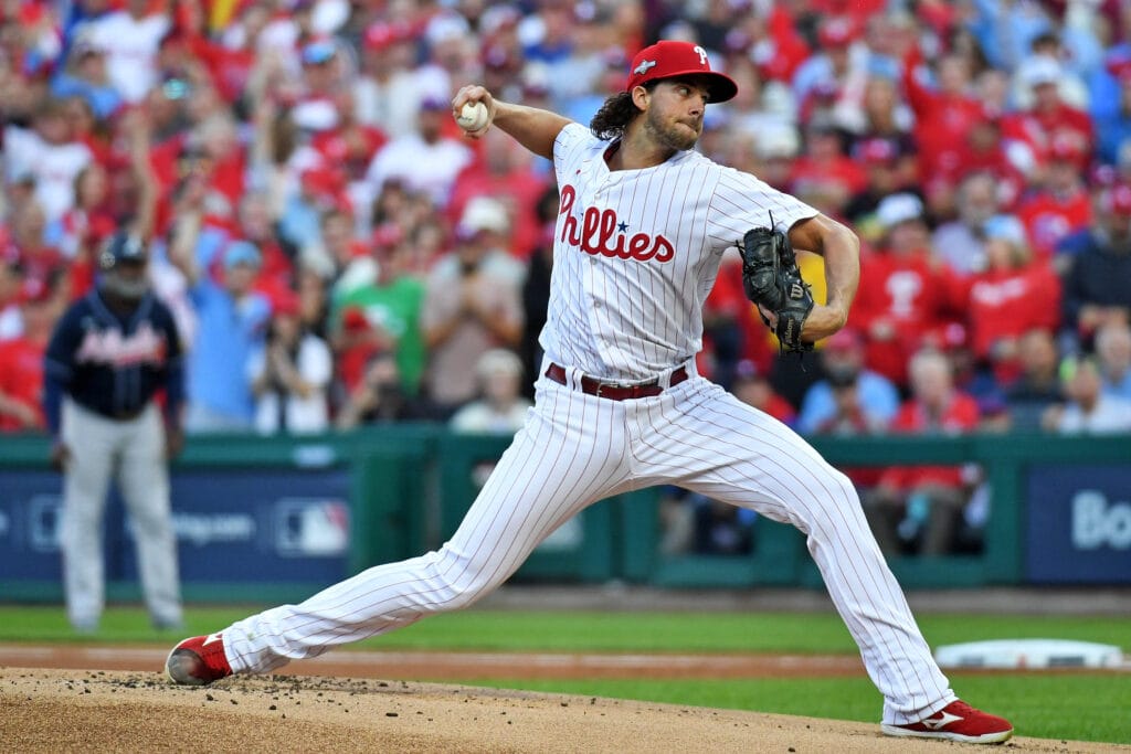 Phillies starting pitcher Aaron Nola pitches against the Atlanta Braves in Game 3 of the NLDS at Citizens Bank Park. He is slated to start Game 2 of the NLCS against the Diamondbacks. (Eric Hartline/USA TODAY Sports)