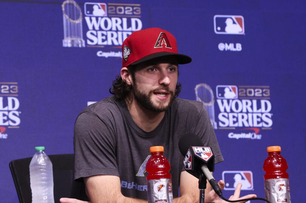 Arizona Diamondbacks starting pitcher Zac Gallen (23) speaks to the media prior to the 2023 World Series against the Texas Rangers at Globe Life Field