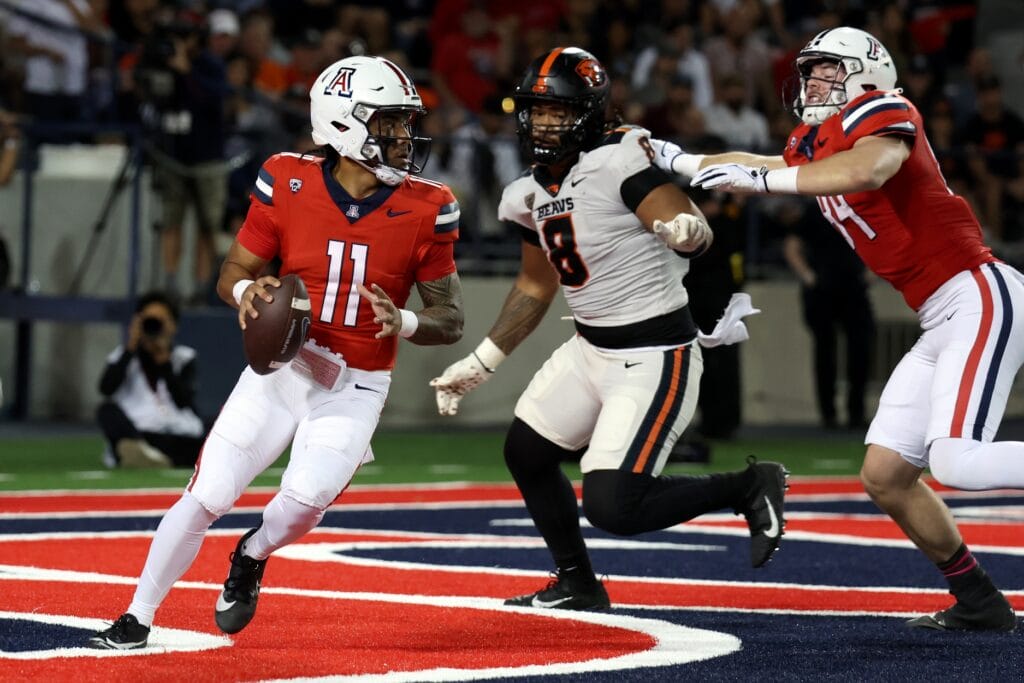 Arizona quarterback Noah Fifita drops back against Oregon State. (Zachary BonDurant-USA TODAY Sports)