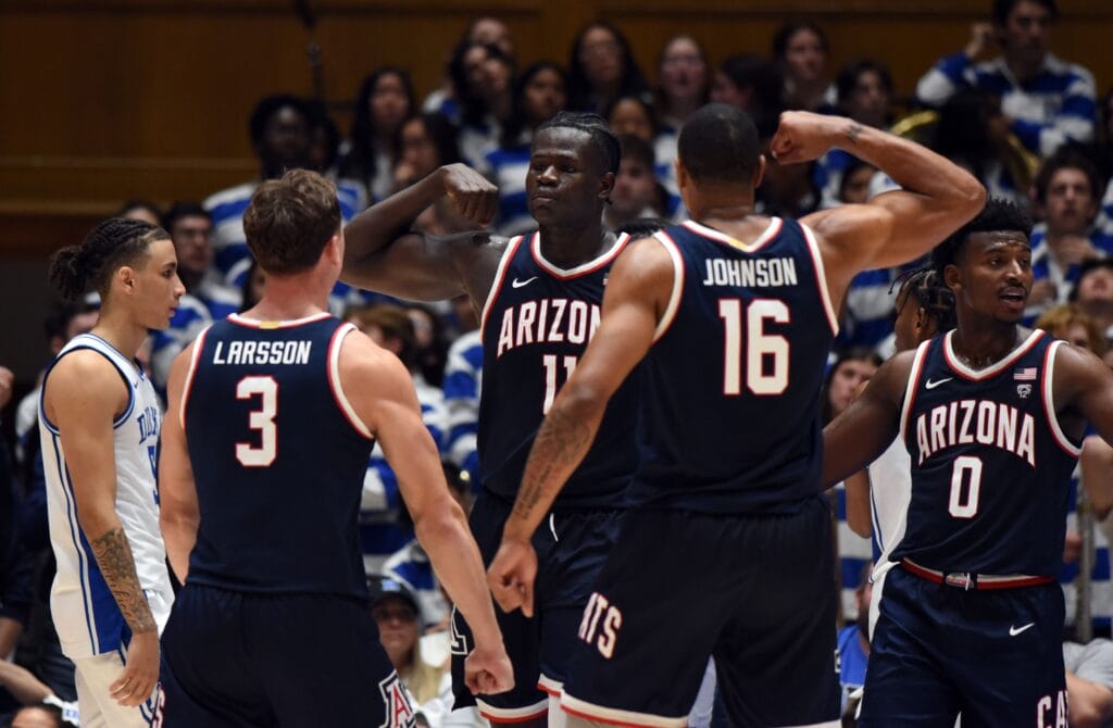 Arizona Wildcats center Oumar Ballo (11) reacts after scoring and being fouled during the second half against Duke (Rob Kinnan-USA TODAY Sports)