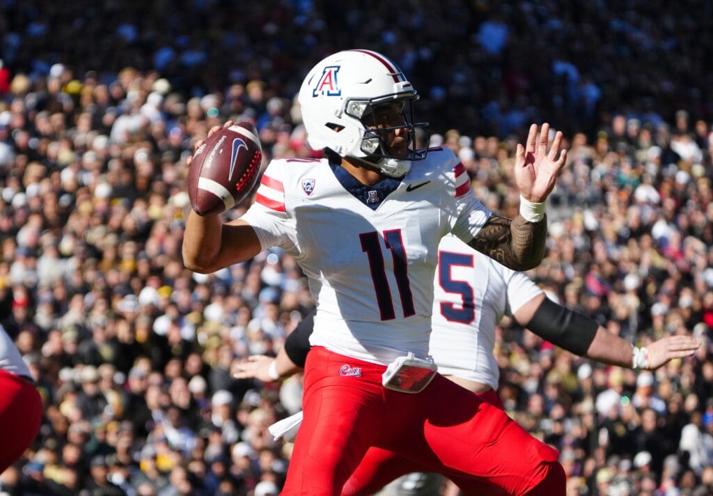 Arizona quarterback Noah Fifita has the highest passing efficiency rating of any second-year QB (Ron Chenoy-USA TODAY Sports)
