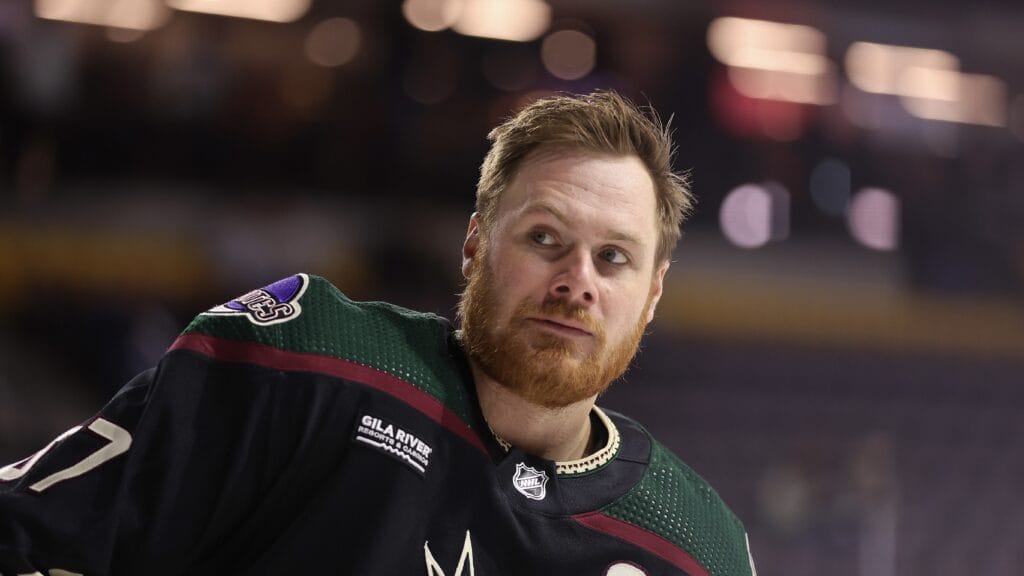 Lawson Crouse warms up before a game against the Los Angeles Kings at Mullett Arena on Nov. 20.