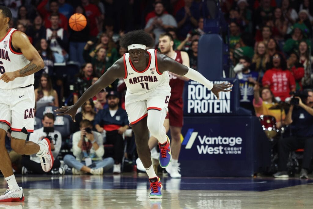 Arizona Wildcats center Oumar Ballo (11) celebrates a basket against the Colgate Raiders during the first half at McKale Center. Mandatory Credit: Zachary BonDurant-USA TODAY Sports