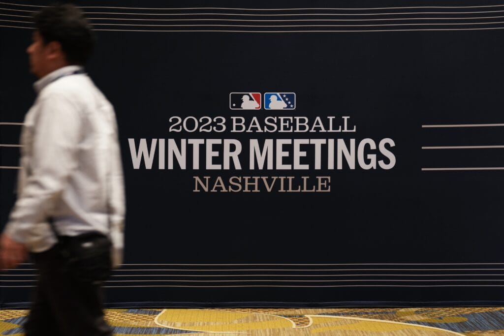 Dec 4, 2023; Nashville, TN, USA; A view of the 2023 MLB Winter Meetings logo.