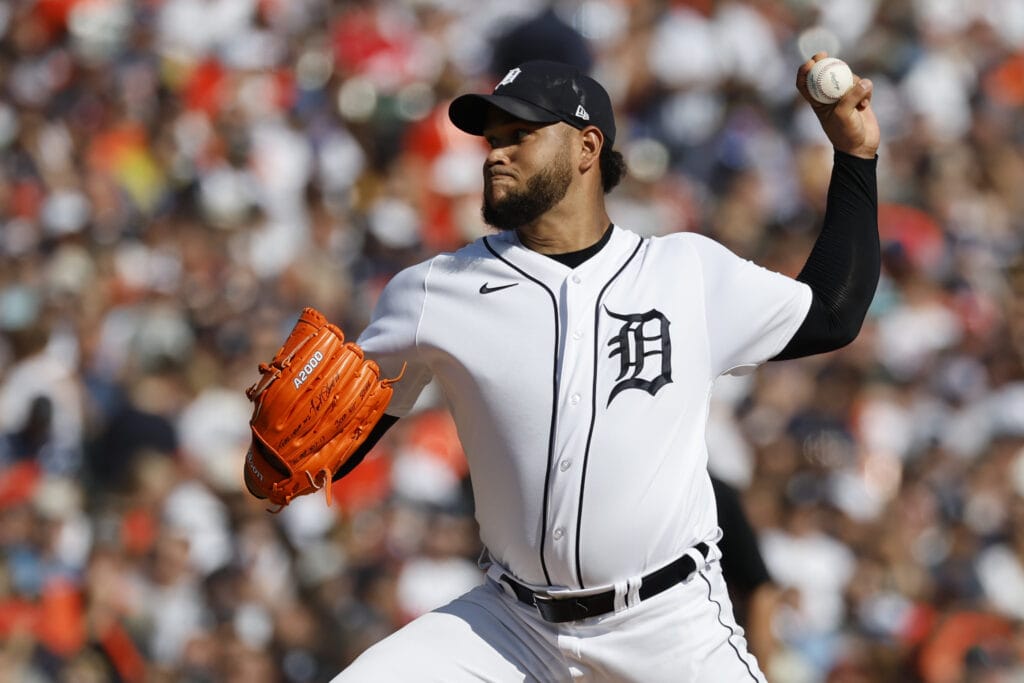 Detroit Tigers starting pitcher Eduardo Rodriguez (57) pitches in the first inning against the Cleveland Guardians at Comerica Park. Rodriguez follows Madison Bumgarner as the second significant free-agent signing of Diamondbacks GM Mike Hazen's tenure.