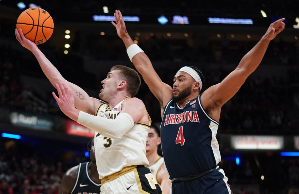 Purdue guard Braden Smith attempts a shot against Wildcats guard Kylan Boswell (Robert Goddin-USA TODAY Sports)