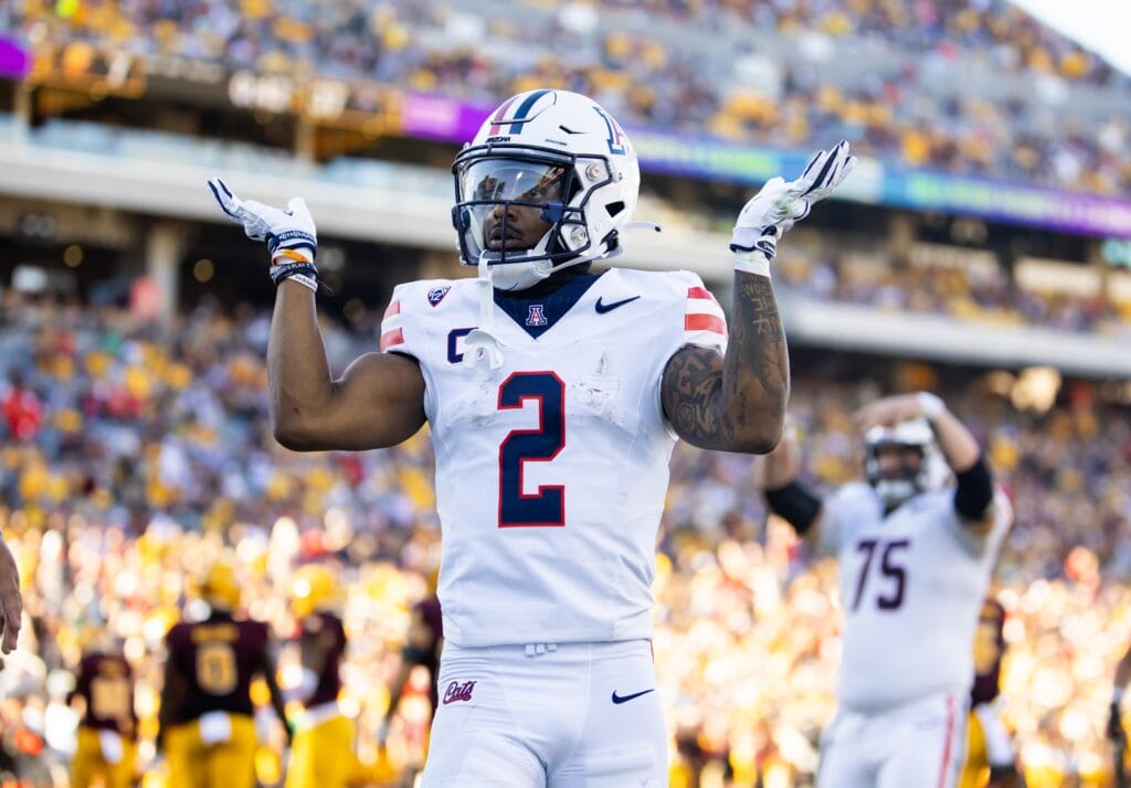 Arizona Wildcats wide receiver Jacob Cowing reacts after a touchdown against Arizona State (Mark J. Rebilas-USA TODAY Sports)