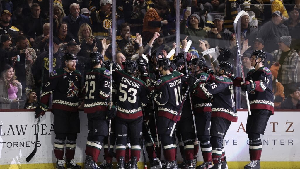 The Coyotes celebrate an overtime win against the Boston Bruins on Jan. 9.