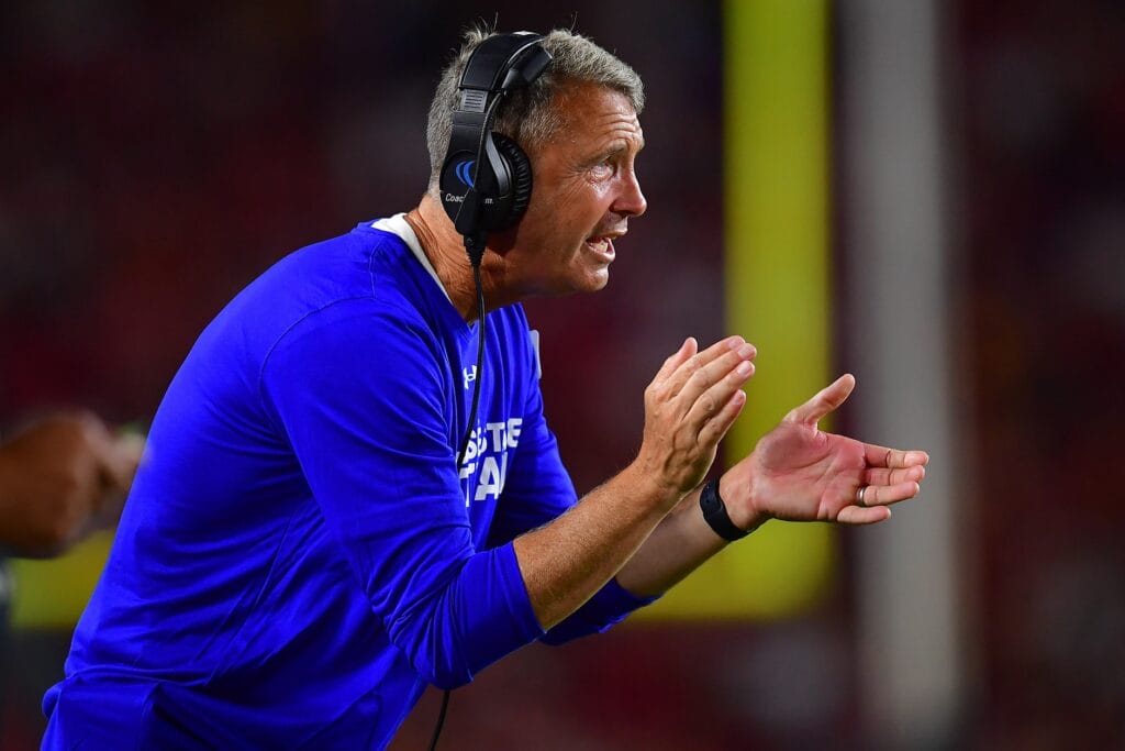 New Arizona Wildcats head coach Brent Brennan watches game action during San Jose State's game against the Southern California Trojans last season.(Gary A. Vasquez-USA TODAY Sports)