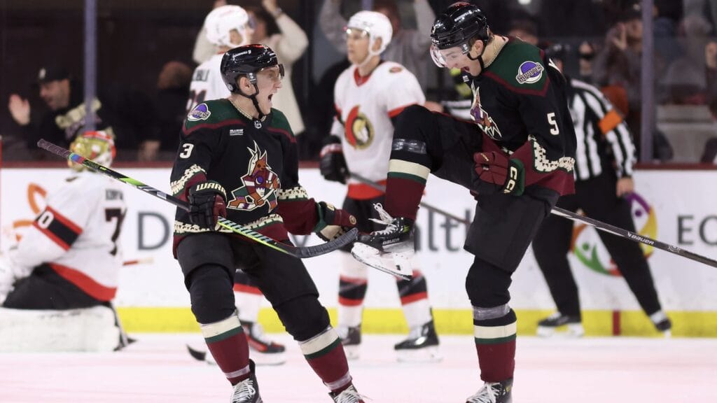 Michael Kesselring celebrates a goal against the Ottawa Senators.