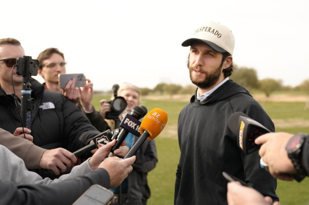 Diamondbacks pitcher Zac Gallen talks to the media at the 13th annual D-Backs Celebrity Golf Classic at Talking Stick Golf Club in Scottsdale.
