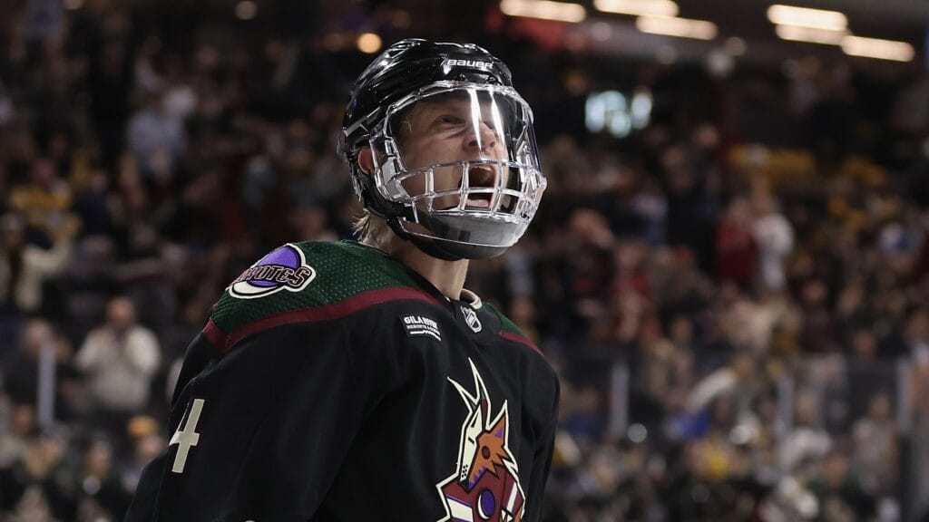 Coyotes defenseman Juuso Välimäki celebrates his first goal of the season on Monday against the Penguins.