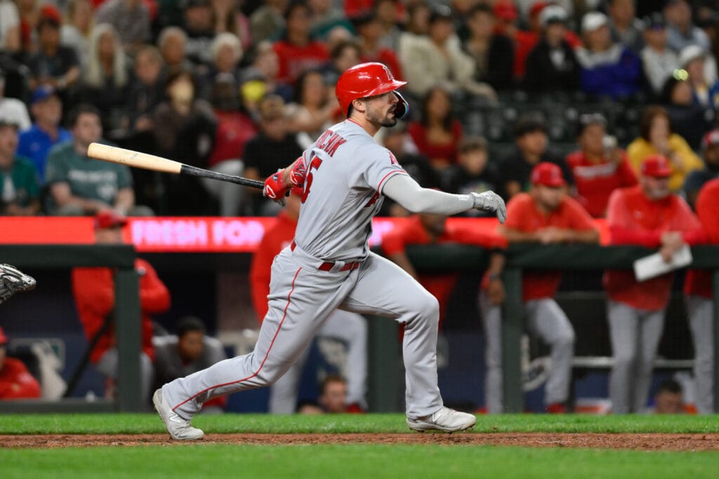 Newly signed Diamondbacks outfielder Randal Grichuk hits an RBI single for the Los Angeles Angels against the Seattle Mariners during the eleventh inning at T-Mobile Park.