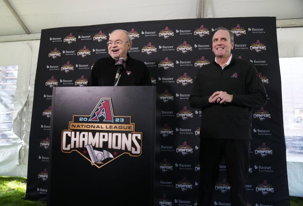 Diamondbacks managing general partner Ken Kendrick and President/CEO Derrick Hall (right) hold a news conference during spring training workouts at Salt River Fields at Talking Stick in Scottsdale on Feb. 19, 2024.