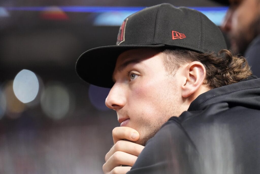 Diamondbacks starting pitcher Brandon Pfaadt (32) during the third inning in game four of the 2023 World Series against the Texas Rangers at Chase Field.