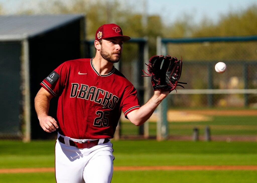 Diamondbacks pitcher Corbin Martin (25) on the first day of spring training workouts at Salt River Fields in Scottsdale on Feb. 15, 2023.