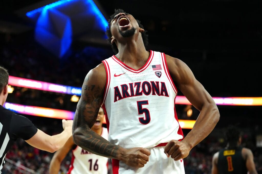 Arizona Wildcats guard KJ Lewis celebrates after making a play against USC. (Stephen R. Sylvanie-USA TODAY Sports)