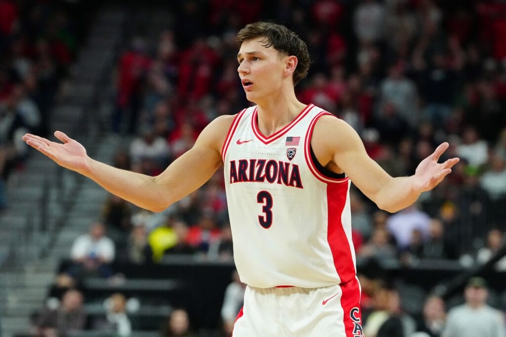 Arizona Wildcats guard Pelle Larsson looks for a call against the Oregon Ducks (Stephen R. Sylvanie-USA TODAY Sports)