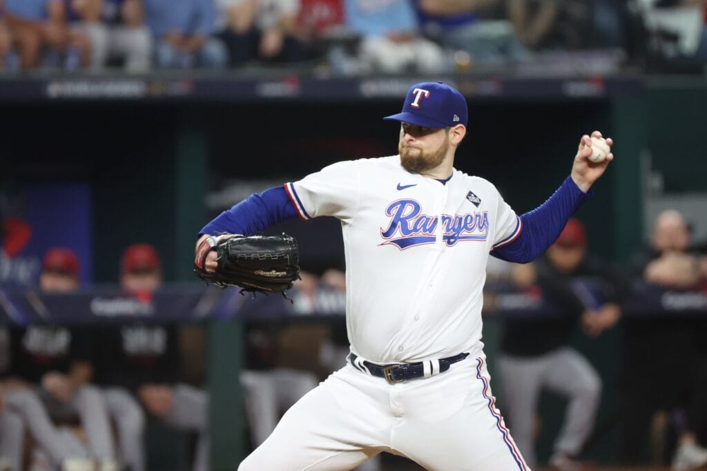 Rangers starting pitcher Jordan Montgomery (52) throws a pitch in the first inning against the Arizona Diamondbacks in game two of the 2023 World Series at Globe Life Field.