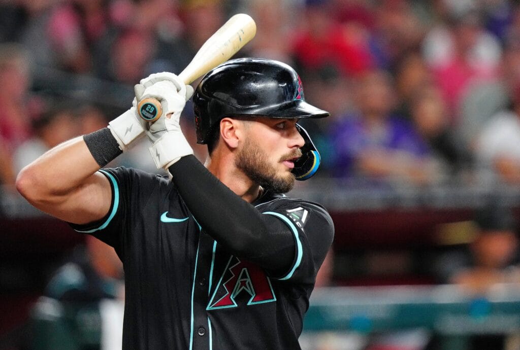 Diamondbacks Blaze Alexander (62) looks for a pitch to hit against the Rockies during a game at Chase Field.